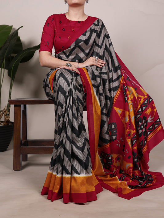Black Color Printed Tasar Silk Saree