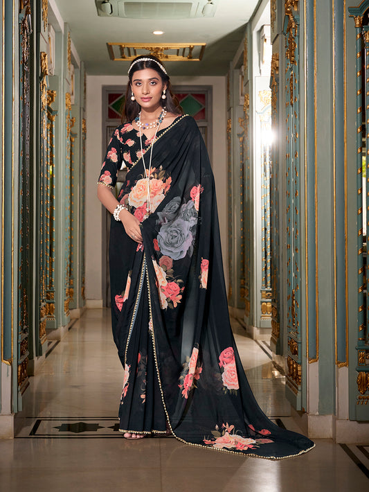 Black Color Printed With Peral Lace Border Georgette Saree