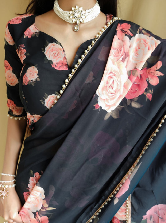 Black Color Printed With Peral Lace Border Georgette Saree