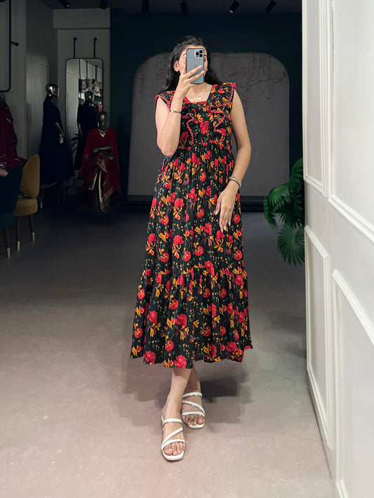 Black Color Floral Printed Maslin Silk Fancy Dress