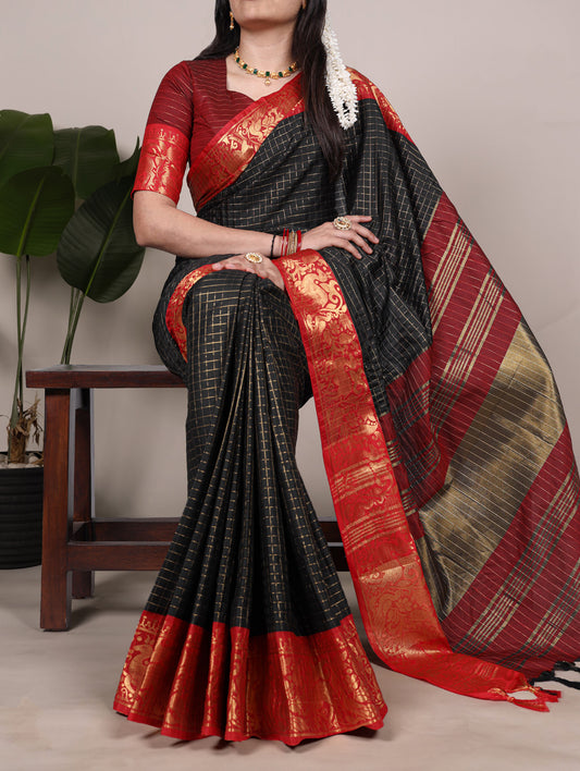 Black Color Chex With zari Weaving Work Poly Cotton Saree
