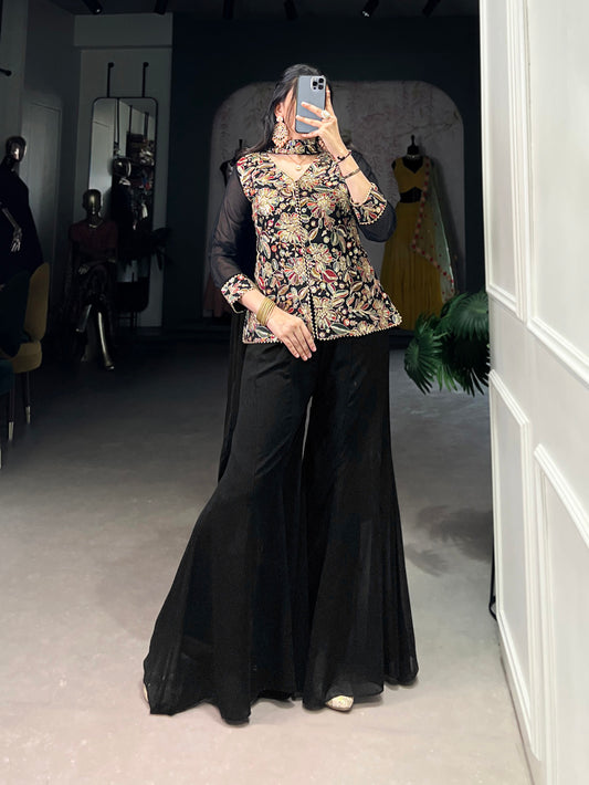 Black Color Sequins With Embroidery Work Georgette Kurti Plaza Set