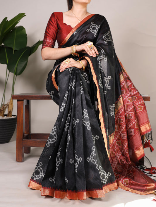 Black Color Printed With Zari Weaving Work Jacquard Silk Saree