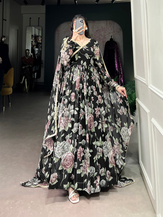 Black Color Floral Print With Lace Border Marbel Gown