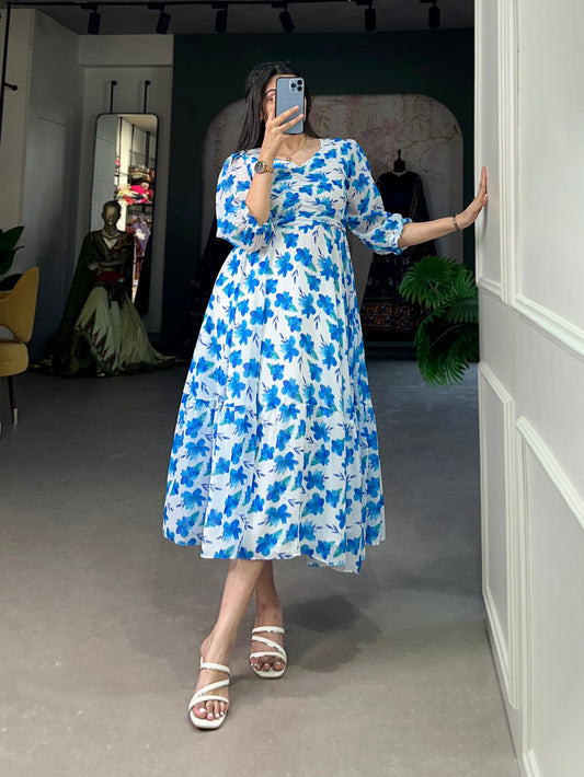 Blue Color Floral Print Georgette Stylist Dress