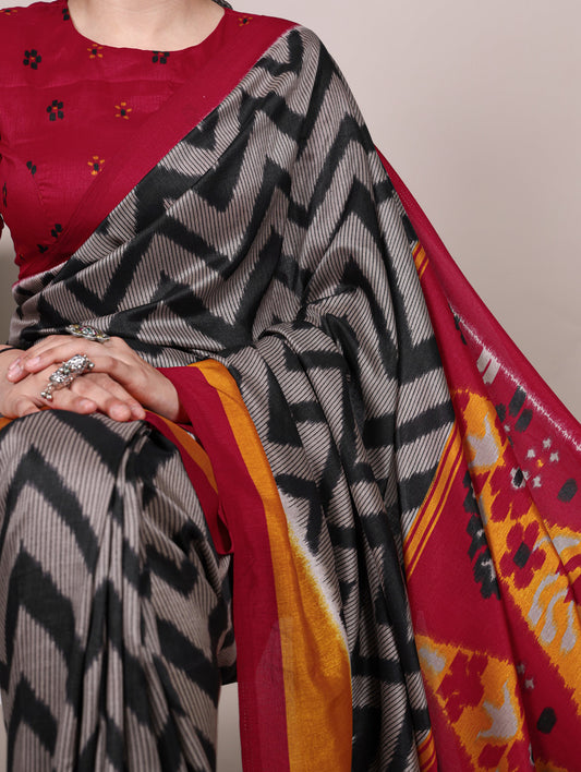 Black Color Printed Tasar Silk Saree