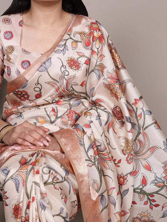 Cream Color Traditional Floral Printed Tasar Silk Saree