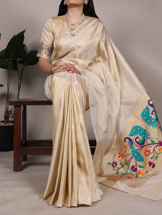 Cream Color Zari Weaving Work Tissue Paithani Saree
