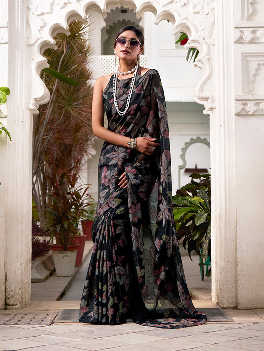 Black Color Floral Viscose Lurex Brasso Saree