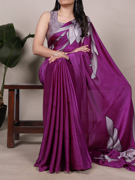 Pink Color Floral Print Satin Silk Saree