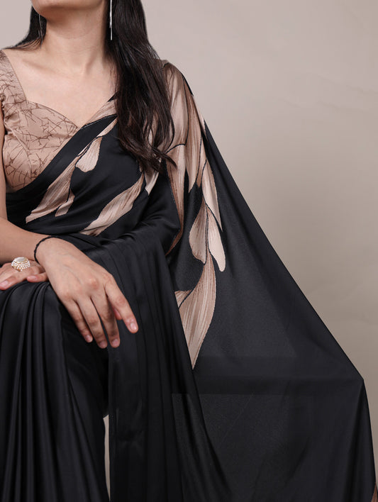 Black Color Floral Print Satin Silk Saree