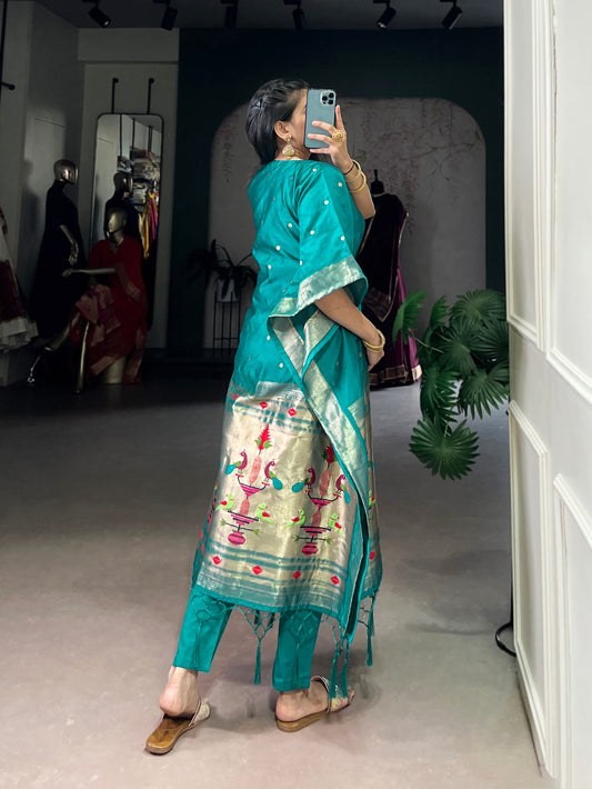 Teal Color Zari Weaving Work Jacquard Kaftan