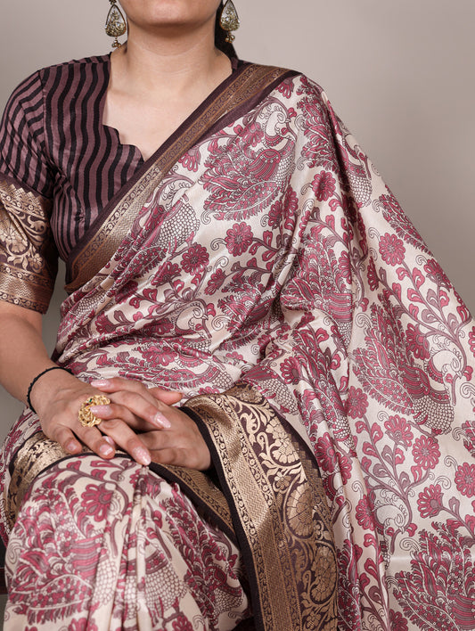Pink Color Printed With Viscose Border Tasar Silk Saree