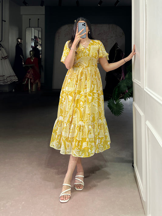 Yellow Color Printed Georgette Fancy Frock