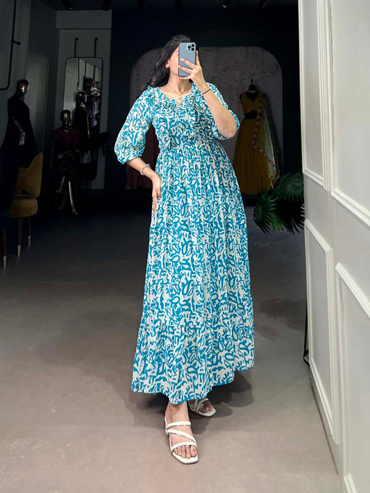 Blue Color Printed Georgette Festive Wear Gown