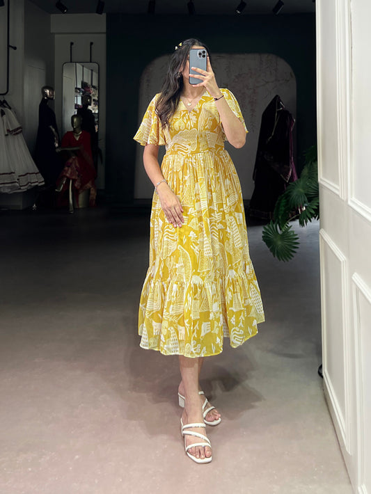 Yellow Color Printed Georgette Fancy Frock
