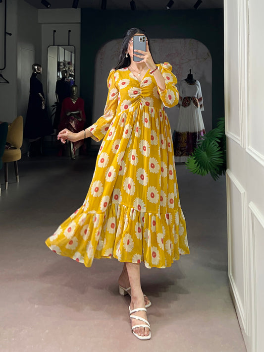 Mustard Color Floral Print With Foil Work Marbel Fancy Frock