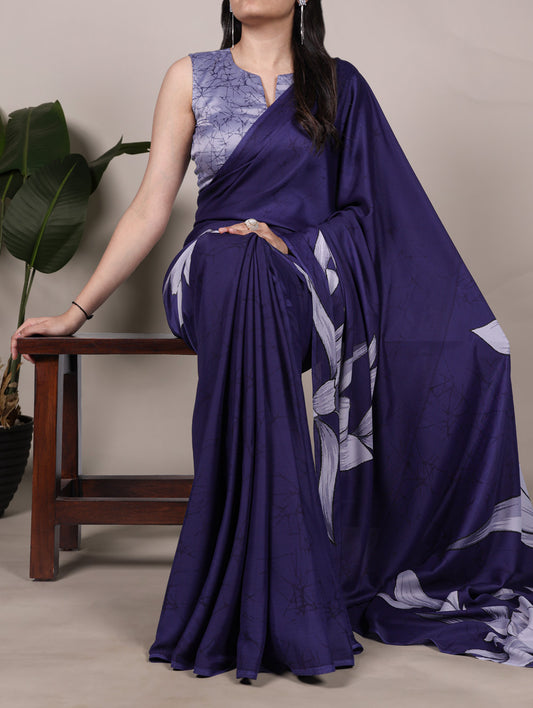 Navy Blue Color Floral Print Satin Silk Saree