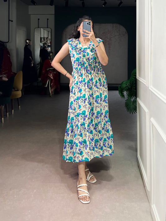 Firozi Color Floral Printed Maslin Silk Fancy Dress