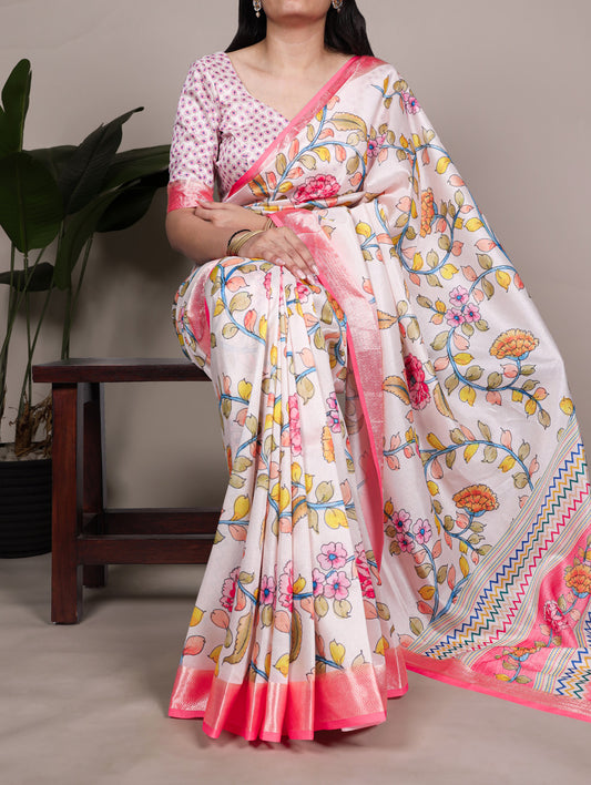 Off White Color Traditional Floral Printed Tasar Silk Saree