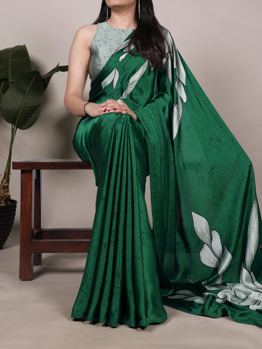 Green Color Floral Print Satin Silk Saree