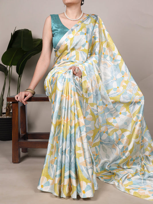 Lemon Yellow Color Floral Printed Satin Silk Saree