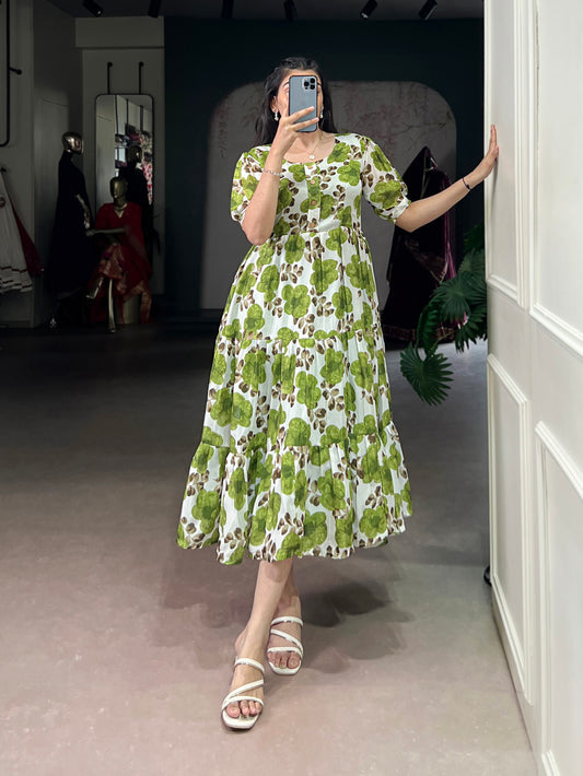 Mehendi Color Printed Vichitra Silk Fancy Gown