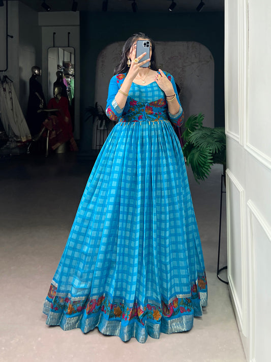 Sky Blue Color Printed With Zari Weaving Work Polyester Chanderi Gown