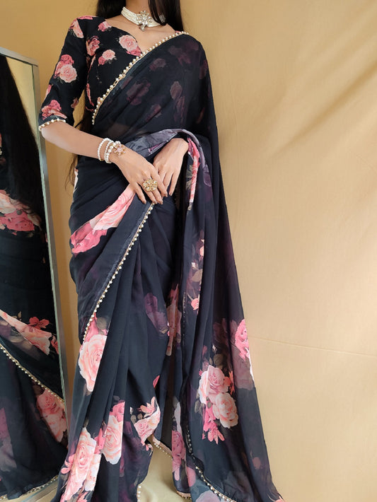 Black Color Printed With Peral Lace Border Georgette Saree