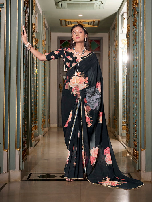 Black Color Printed With Peral Lace Border Georgette Saree