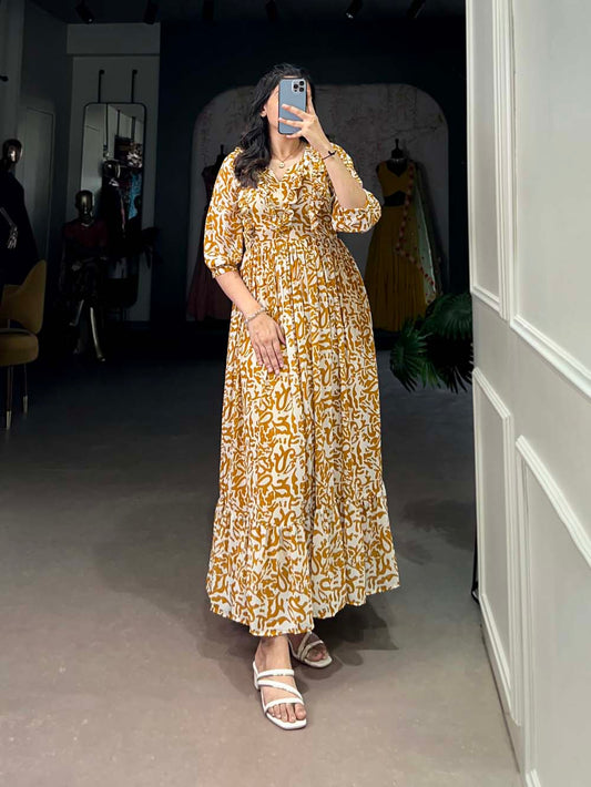 Mustard Color Printed Georgette Fancy Gown
