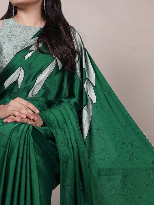Green Color Floral Print Satin Silk Saree