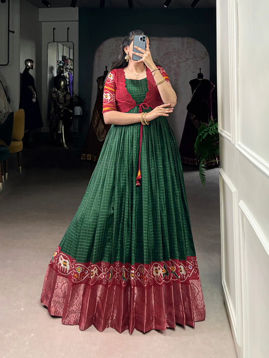 Green Color Patola Print With Weaving Work Border Tasar Chex Gown By Yana Fab