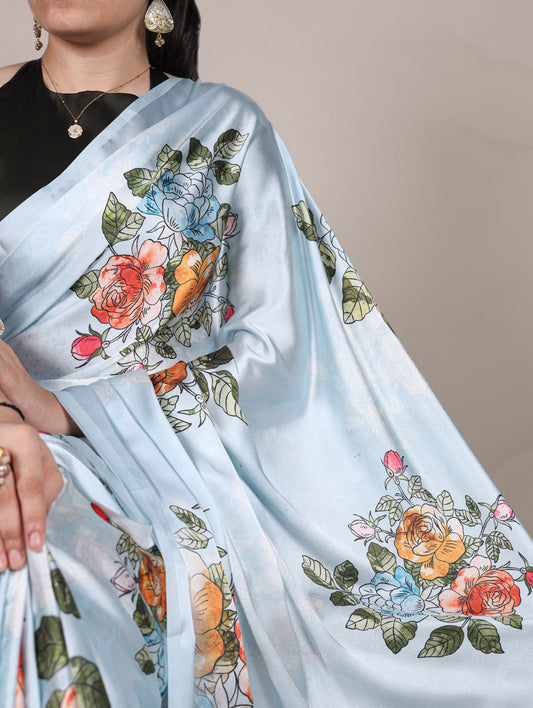 Sky Blue Color Floral Printed Satin Silk Saree