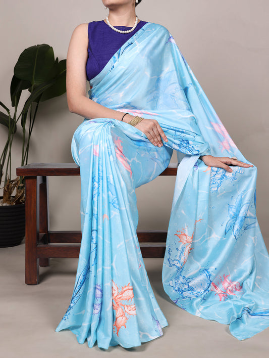 Sky Blue Color Floral Printed Satin Silk Saree