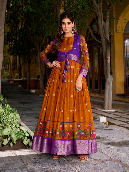 Mustard Color Kalamkari With Zari Weaving Work Poly Cotton Gown