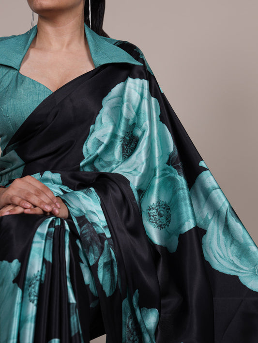 Teal Color Floral Printed Satin Silk Saree
