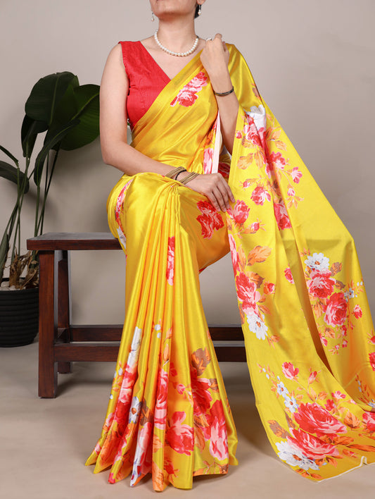 Yellow Color Floral Printed Satin Silk Saree