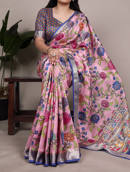 Light Pink Color Traditional Floral Printed Tasar Silk Saree