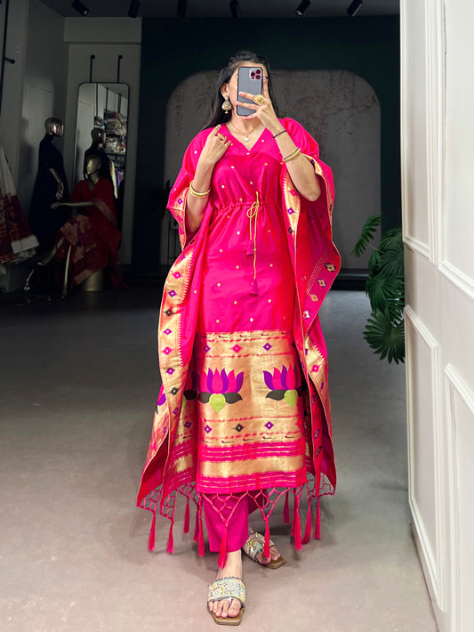 Pink Color Zari Weaving Work Jacquard Kaftan