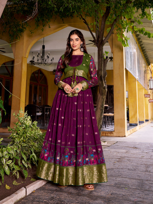 Wine Color Kalamkari With Zari Weaving Work Poly Cotton Gown