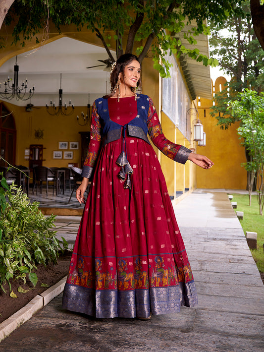 Maroon Color Kalamkari With Zari Weaving Work Poly Cotton Gown