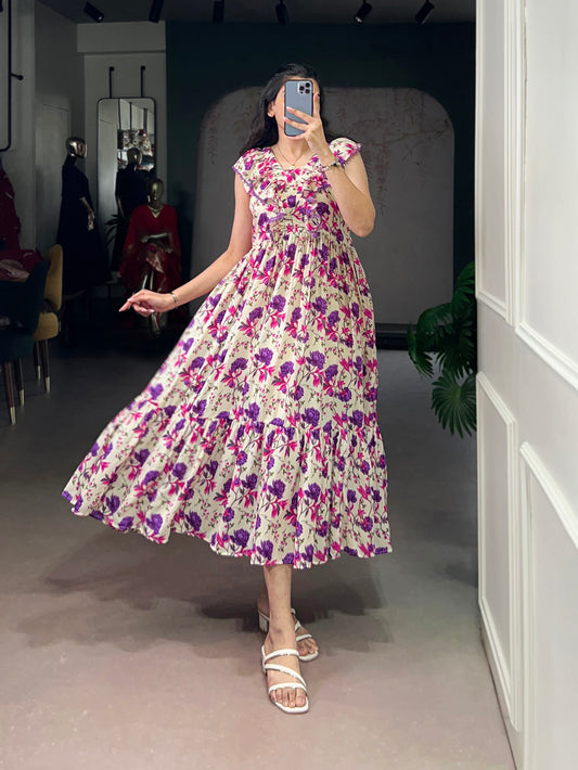 Purple Color Floral Printed Maslin Silk Fancy Dress