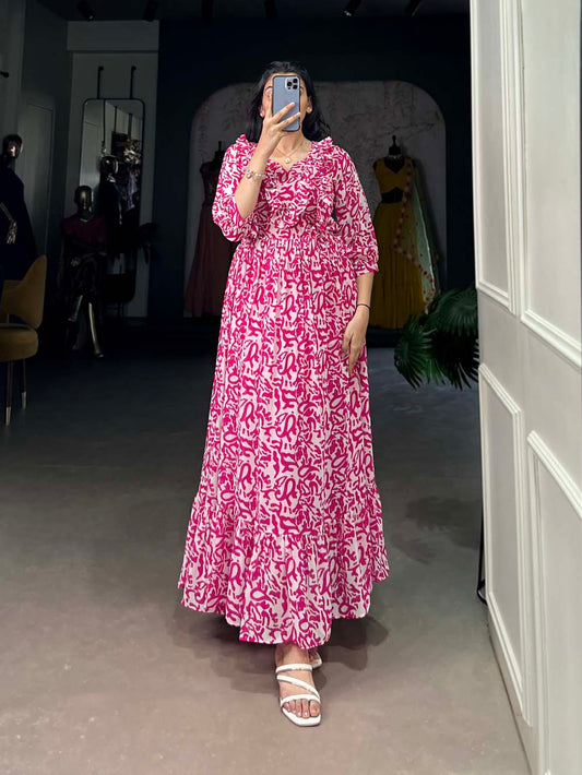 Pink Color Printed Georgette Party Wear Gown