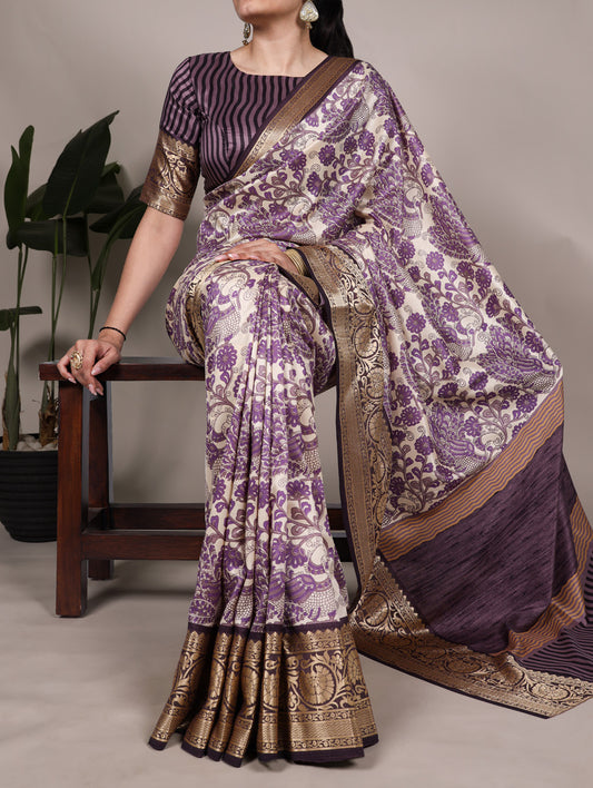 Lavender Color Printed With Viscose Border Tasar Silk Saree