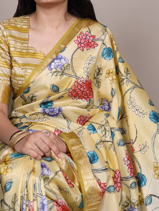 Lemon Color Traditional Floral Printed Tasar Silk Saree