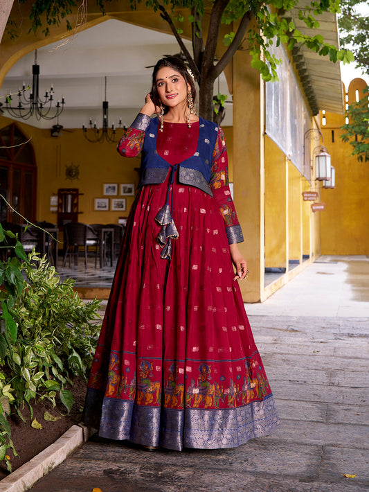 Maroon Color Kalamkari With Zari Weaving Work Poly Cotton Gown