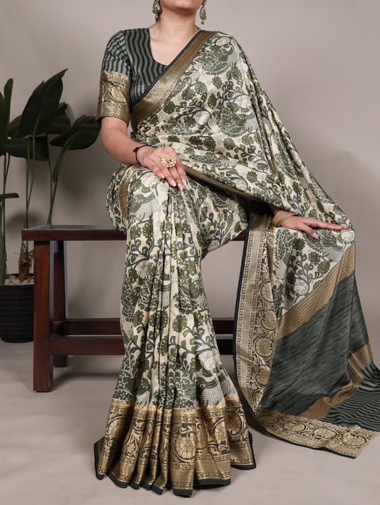 Mehendi Color Printed With Viscose Border Tasar Silk Saree