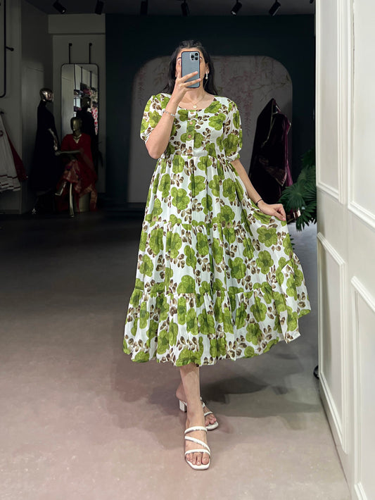 Mehendi Color Printed Vichitra Silk Fancy Gown