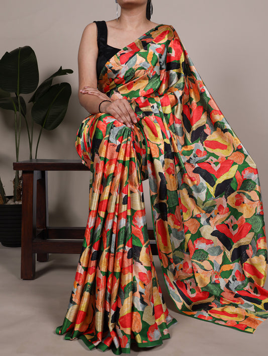 Multi Color Floral Printed Satin Silk Saree